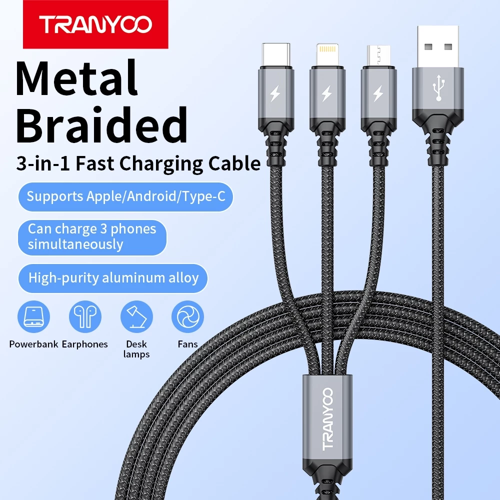 TRANYOO XS6 สายชาร์จเร็ว 3 อิน 1 รองรับ iP/And&oid/Type-C วัสดุอลูมิเนียมอัลลอย ยาว 1.2 เมตร