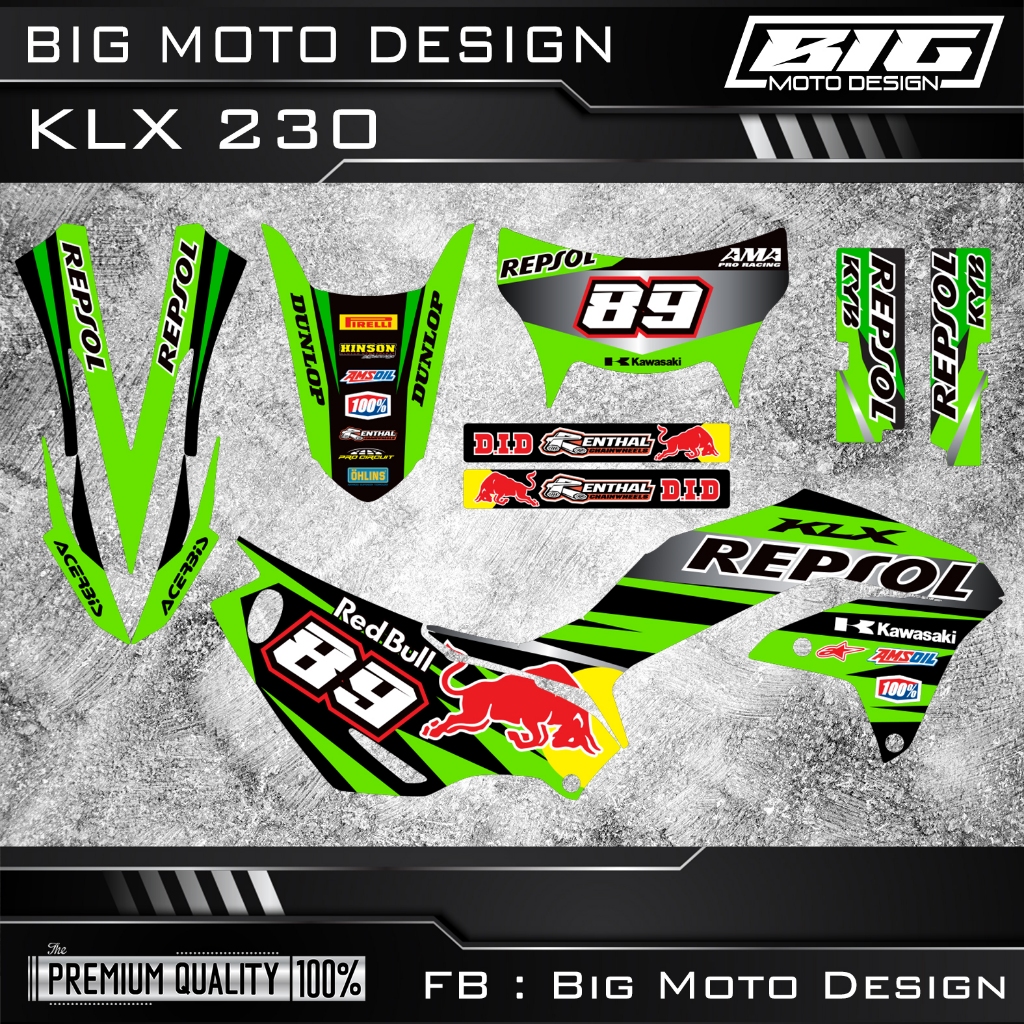 สติ๊กเกอร์ รถวิบาก KLX230 ทุกรุ่น งานพิมพ์คุณภาพสูงเคลือบเงาอย่างดี ปะได้ทั้งคัน (แก้ไขเลขเบอร์ แจ้ง