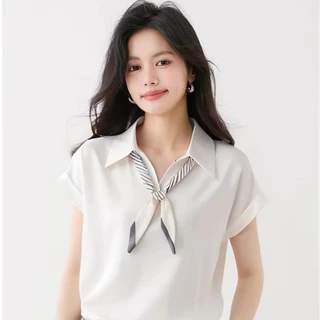 99159 เสื้อเชิ้ตแขนสั้นผ้าซาตินชีฟองแบบใหม่สำหรับผู้หญิง คอปกพับ มาพร้อมเนคไท เหมาะสำหรับฤดูร้อน มีสามสีให้เลือก
