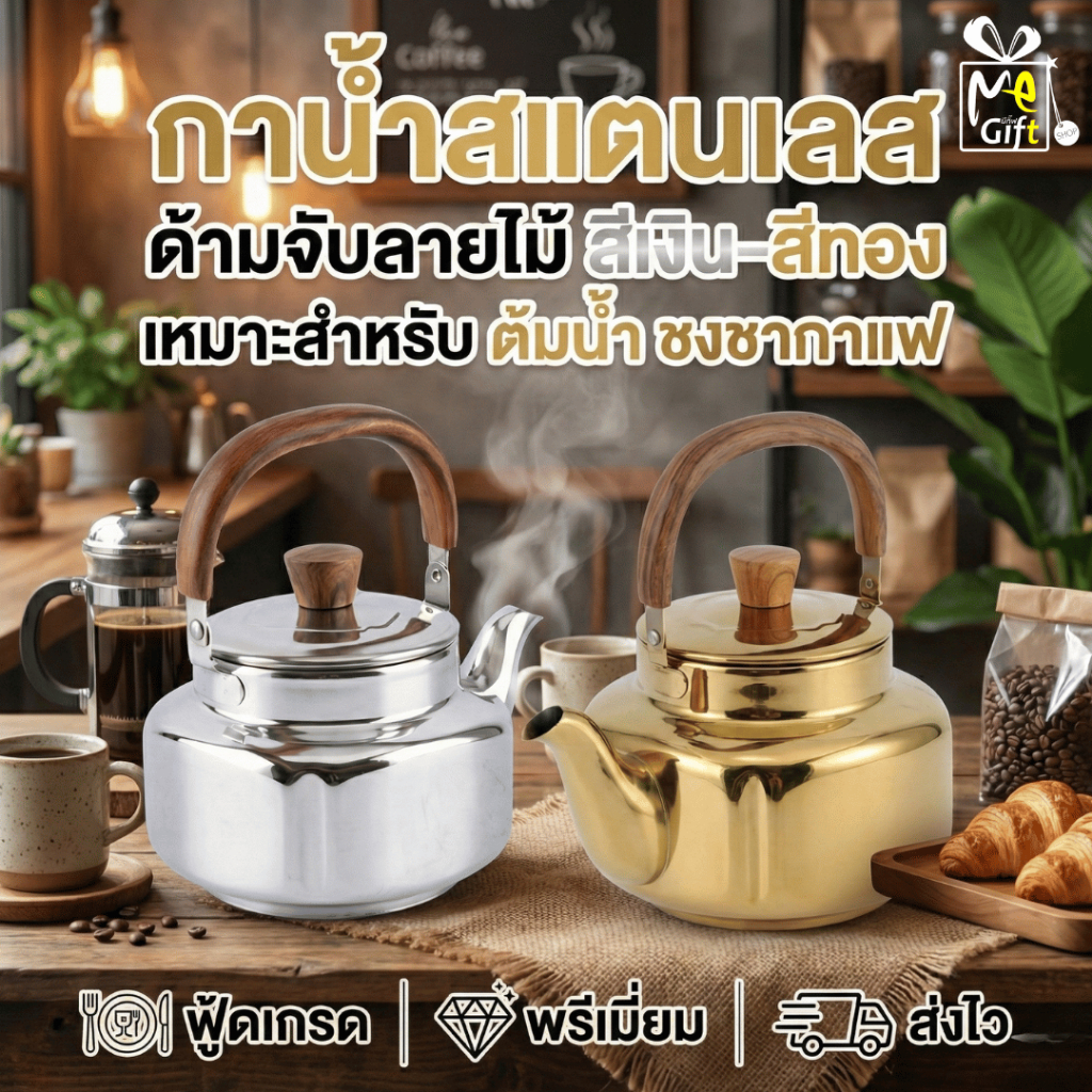 กาน้ำสแตนเลส สีเงิน-สีทอง พรีเมียม Food Grade ด้ามจับลายไม้ ดีไซน์สวยหรู สำหรับต้มน้ำ ชงชา กาแฟ พร้อมส่งในไทย