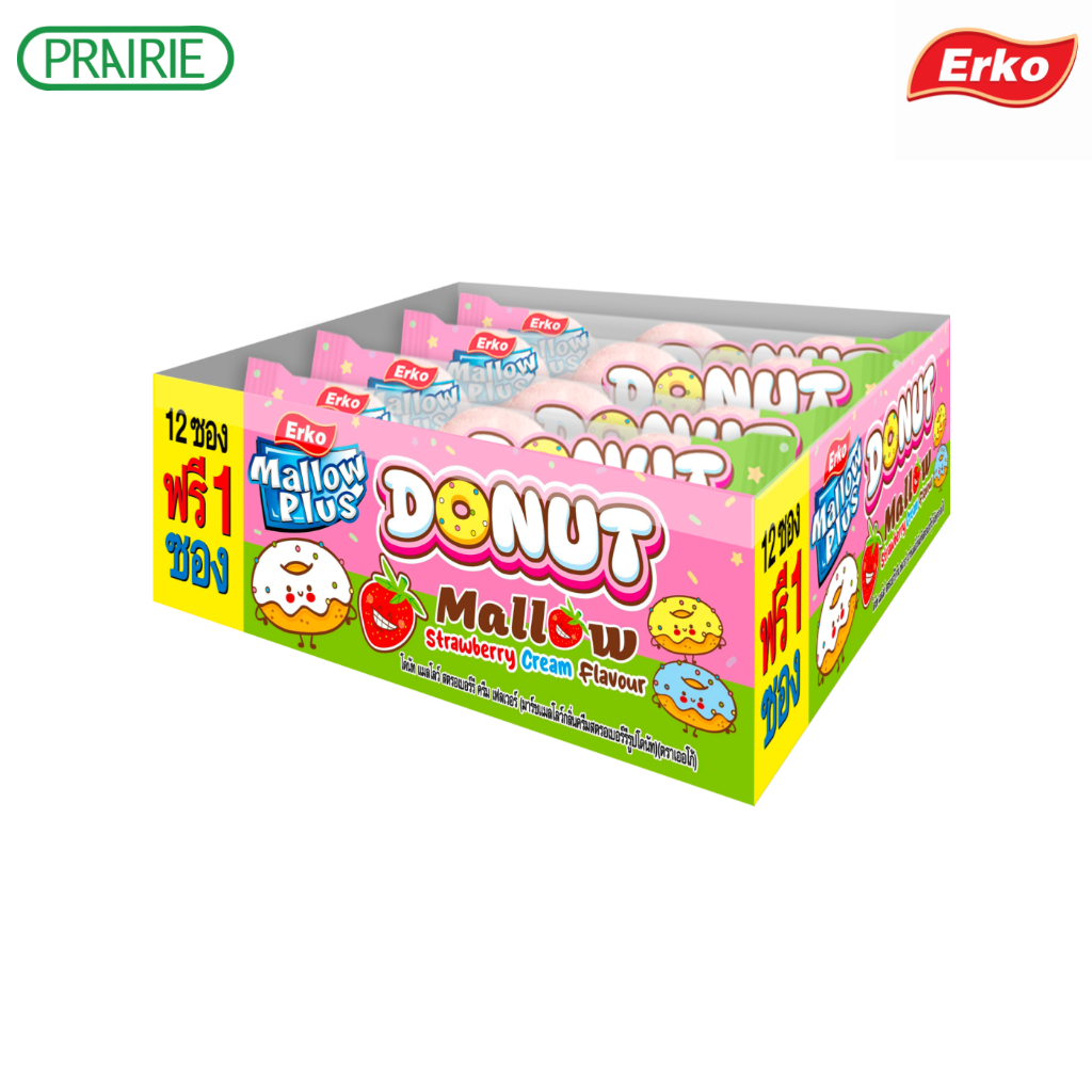 เออโก้ โดนัท แมลโลว์ สตรอเบอร์รี ครีม เฟลเวอร์ 21 กรัม x 12 +1 ชิ้น / Erko Donut Mallow Strawberry Flavour 21g. x 12 +1