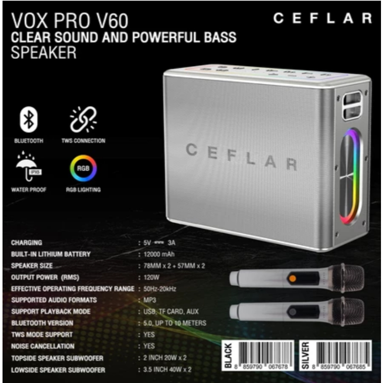 CEFLAR ลำโพงบลูทูธ VOX PRO V60 รองรับ USB การ์ด TF AUX กำลังขับ 120 วัตต์ คุณภาพเสียงดีเยี่ยม