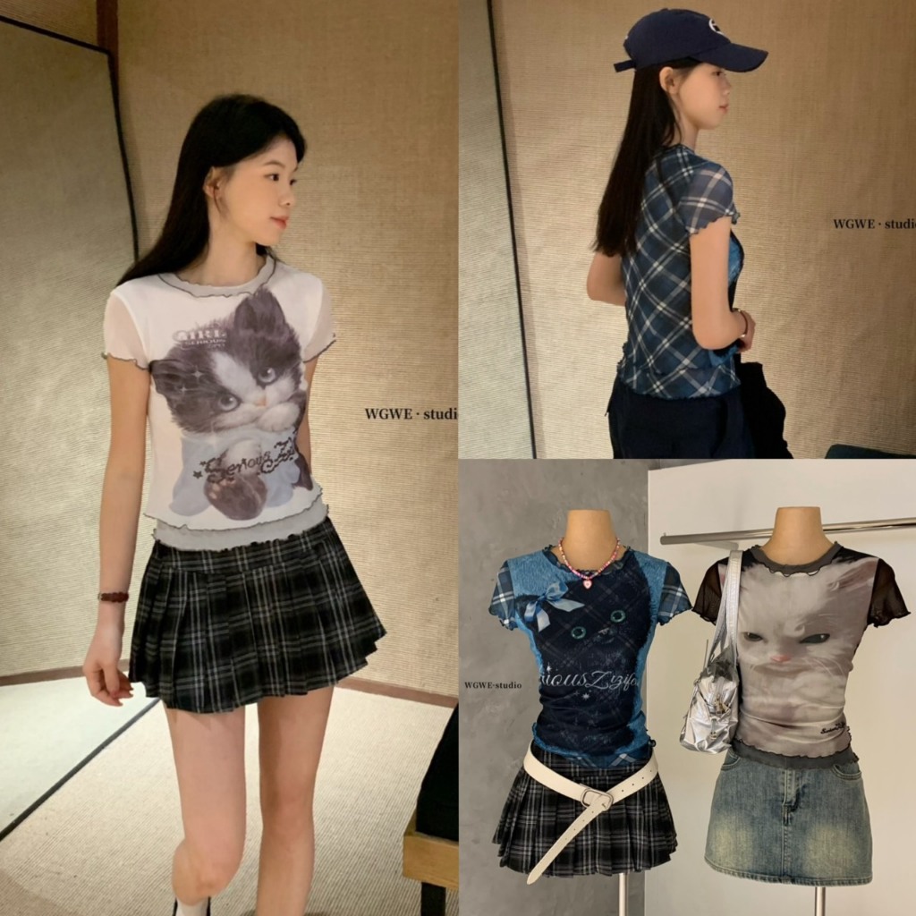 (พร้อมส่ง) เสื้อแขนสั้นลายน้องแมวเหมียวรุ่น 8547 TAG WG.WE 🇰🇷