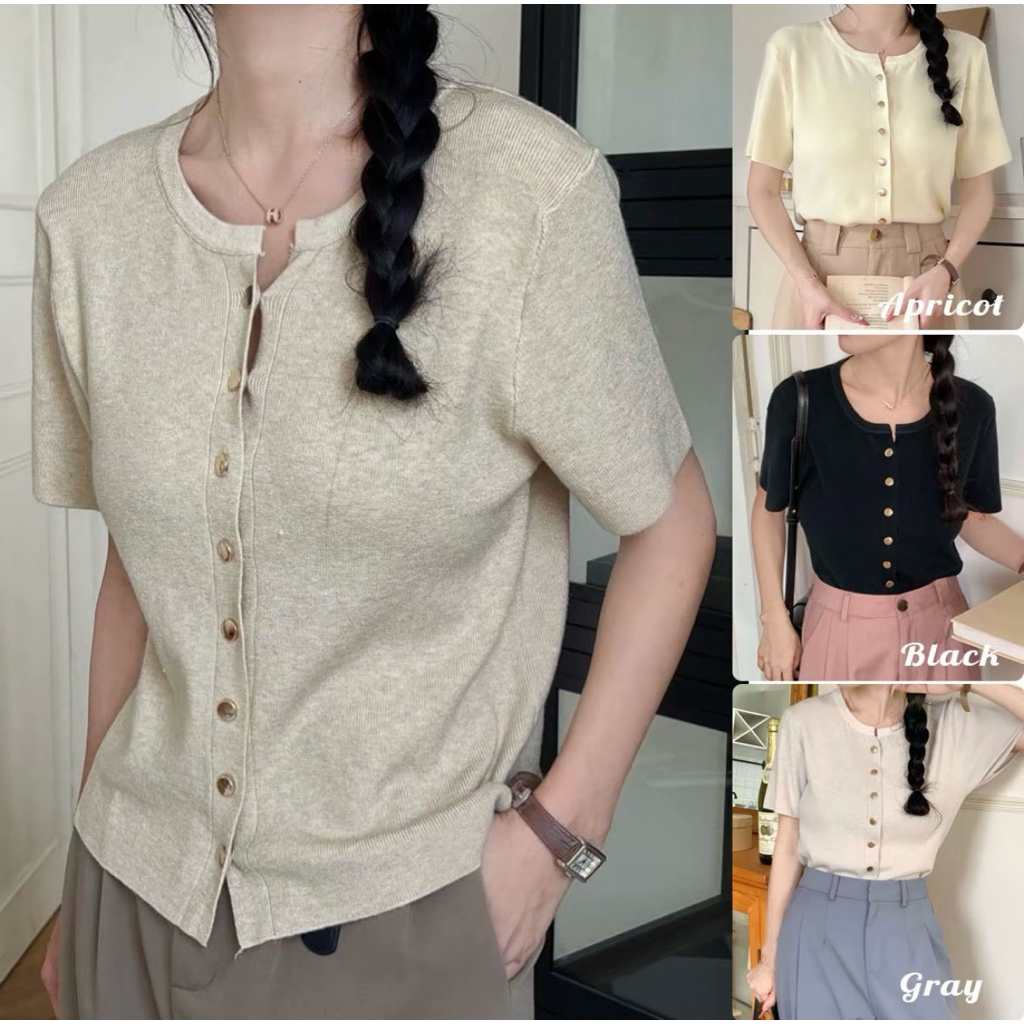 [ของใหม่พร้อมส่ง] CICI Studio เสื้อคาร์ดิแกนถัก แขนสั้น สีพื้น สีพื้น นุ่ม กระดุมทอง เหมาะกับฤดูร้อน