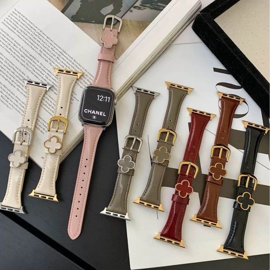 พร้อมส่ง สายนาฬิกาหนังบาง ดีไซน์เข็มขัดประดับดอกแวนคลีฟ ใส่สบาย ใช้ได้กับ 11 10 9 8 7 6 5 4 3 2 1 SE