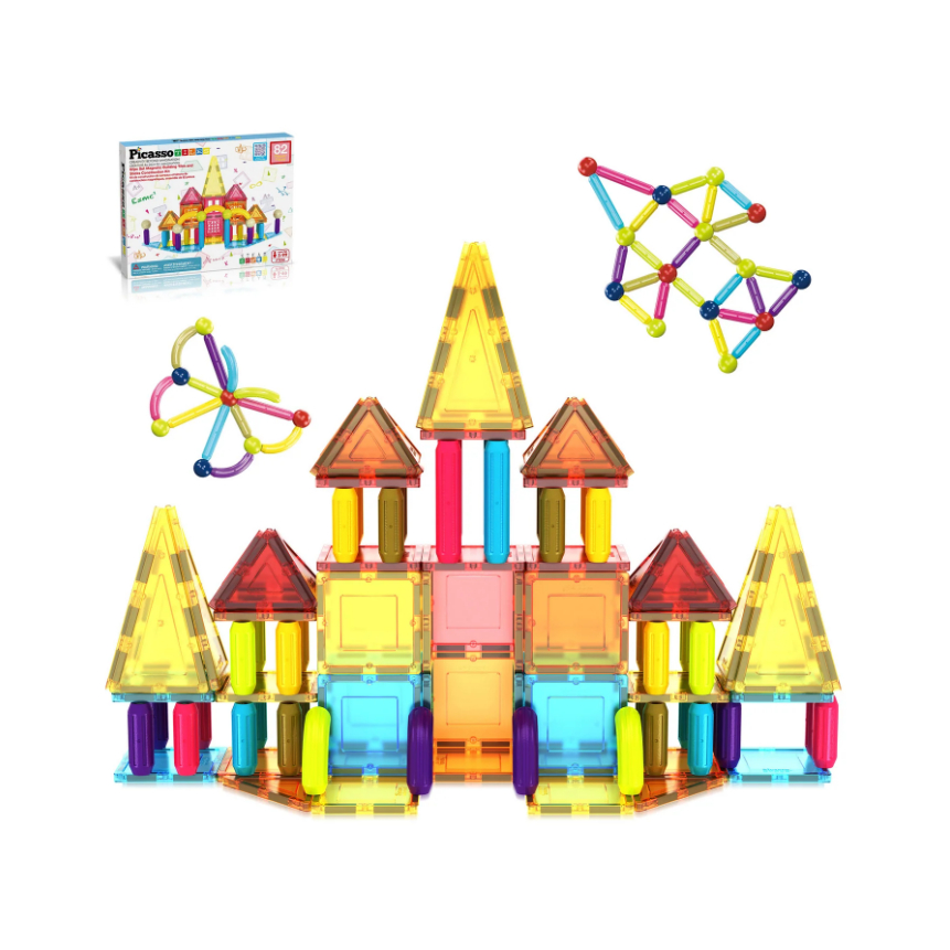Picasso Tiles 82 Pc Magnetic Tiles and Sticks Builder Set ของเล่นสำหรับฝึกสมองแบบตัวต่อทำด้วยพลาสติก