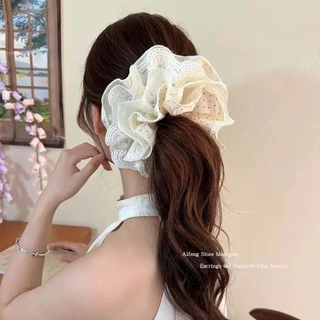 COD-ในไทย💖ยางรัดผมลูกไม้ ลายจุดสีดำและสีขาว สไตล์เกาหลี แฟชั่นสําหรับผู้หญิง ความยืดหยุ่นสูง 2026ใหม่-Kri