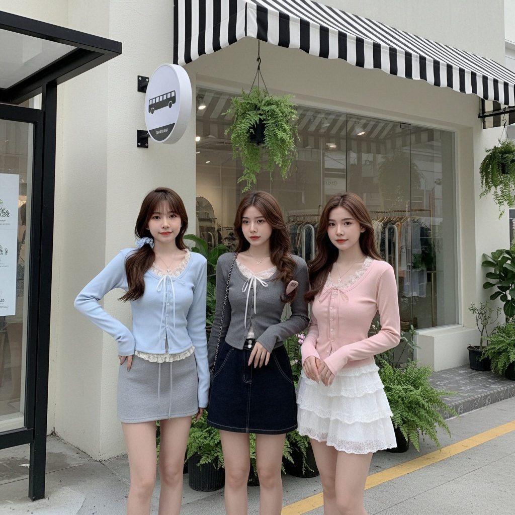 เสื้อยืดแขนยาว ดีไซน์สุดคิวท์ตกแต่งงานลูกไม้และโบว์ที่หน้าอก