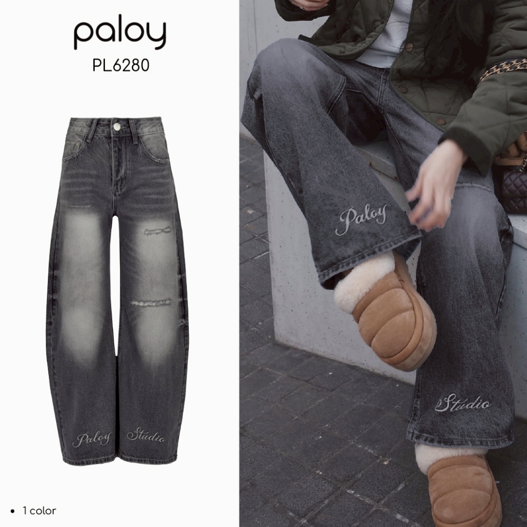 Paloy - PL6280 กางเกงยีนส์ขายาว แต่งขาด ปลายขาปัก Paloy studio