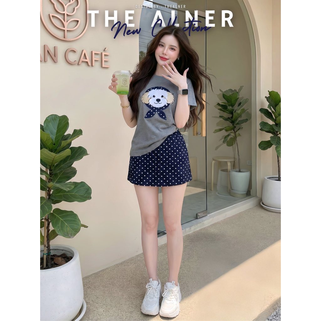 Thealner-AN971 (เซตเสื้อเทาลายหมา กระโปรงลายจุด)