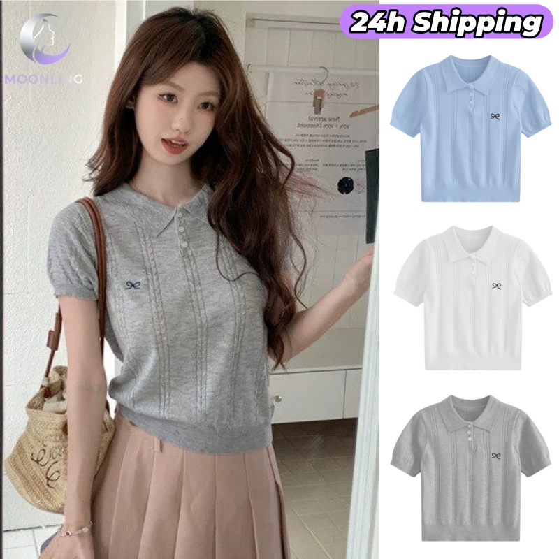 🌜Moonling🌛  เสื้อครอปไหมพรม แขนสั้น คอปก น่ารักๆ ปักลายโบว์ ยืดพอดีตัว แต่งตัวแมชชิ่งง่ายย YT23