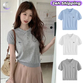 🌜Moonling🌛 เสื้อครอปไหมพรม แขนสั้น คอปก น่ารักๆ ปักลายโบว์ ยืดพอดีตัว แต่งตัวแมชชิ่งง่ายย YT23