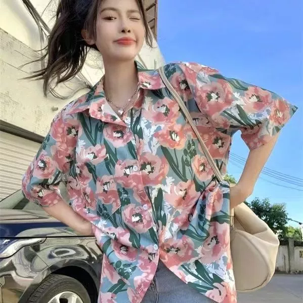 เสื้อเชิ้ตฮาวายแขนสั้น ลายดอกสีฟ้าดอกชมพู thumbnail 4