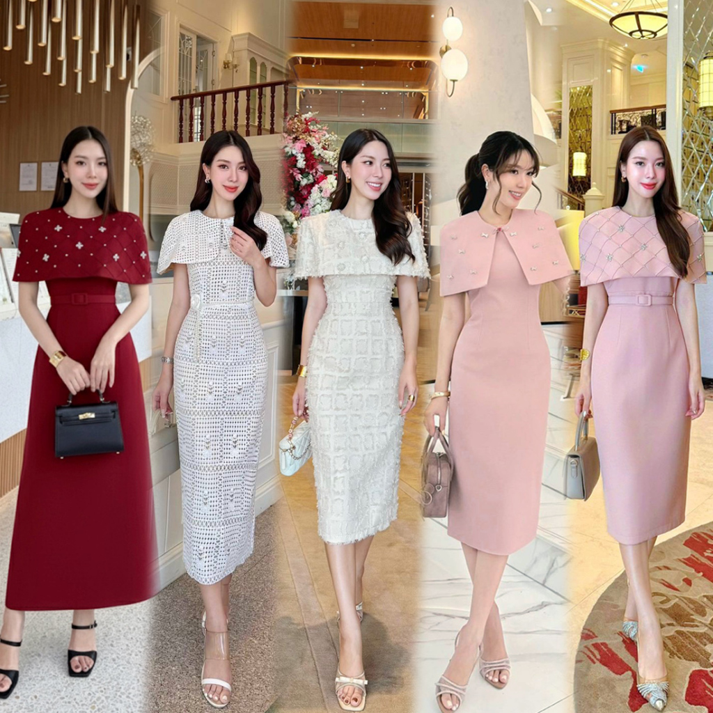 S-XXL ชุดเดรสคลุมไหล่โทนสีครีม ขาว ชมพู ดำ น้ำตาล เบจ ฟ้า แดง ใส่ออกงาน ทำบุญ ไปวัด งานแต่ง งานบวช  #Loveshop #lalabelle