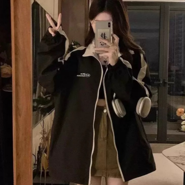 เสื้อแจ็คเก็ตกันลมทรงหลวม คอตั้ง สไตล์ลำลอง สำหรับผู้ชายและผู้หญิง