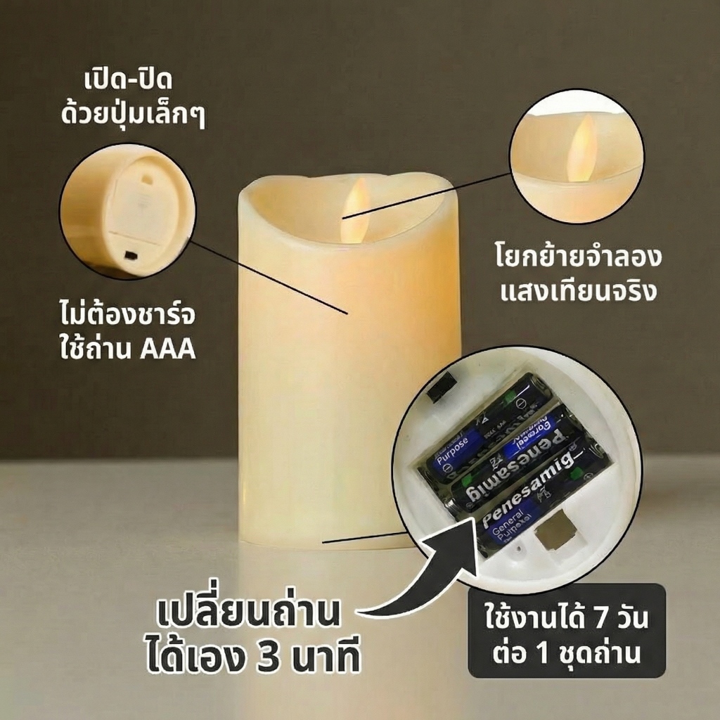 เทียนไฟ LED แต่งงาน บ้าน ร้านอาหาร ปลอดภัยไร้ควัน สงกรานต์ เทียนพรรษา วันสำคัญ 7.5*10-20cm - รูปที่ 6