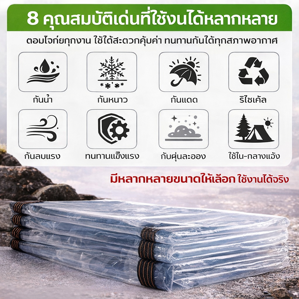 พลาสติกใส PVC กันน้ำ 100% ผ้าใบใสมีตาไก่โลหะ ขอบเย็บแน่น กันแดดกันฝน ใช้งานกลางแจ้ง ระเบียง บ้าน สวน โรงจอดรถ ร้านค้า - รูปที่ 7