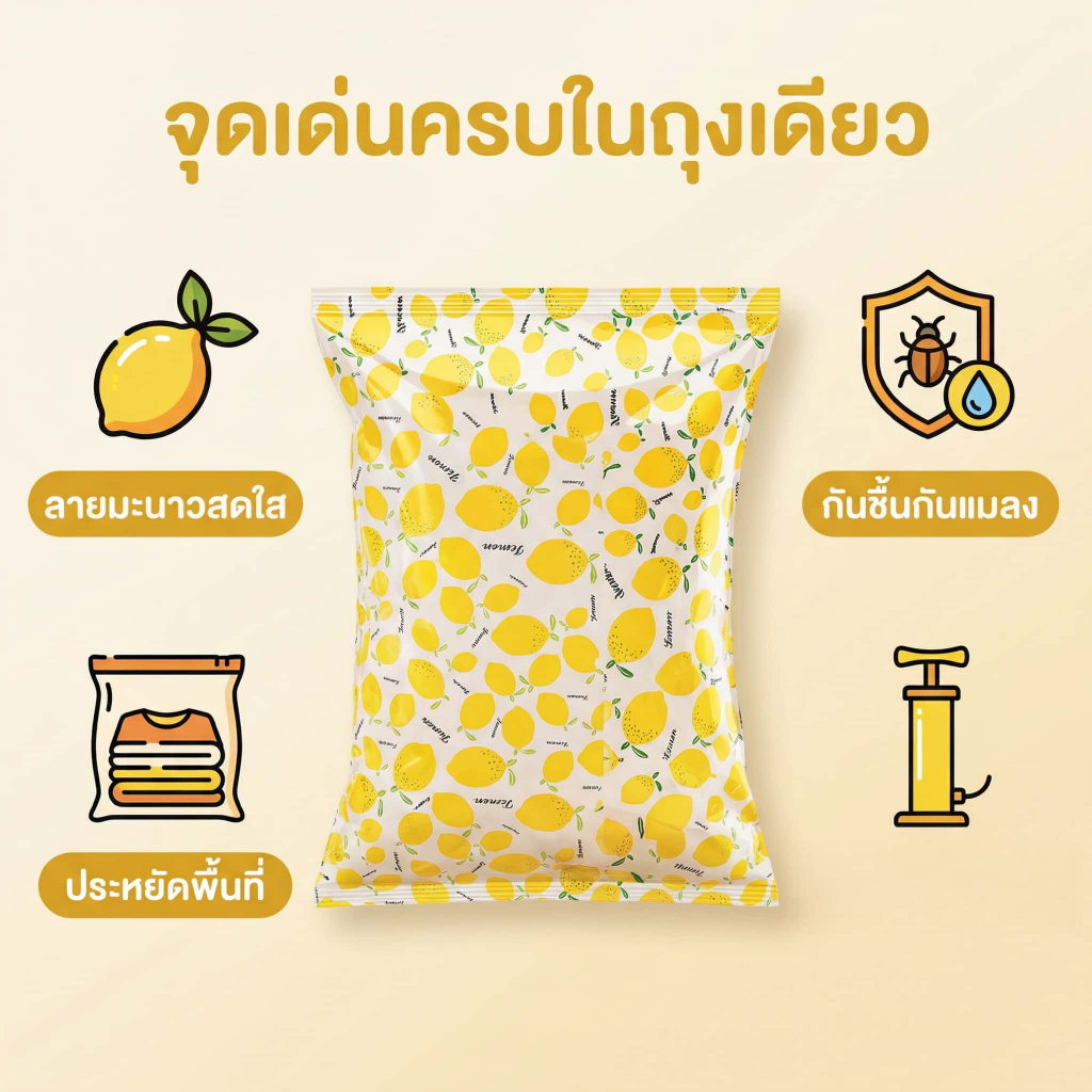 ถุงเก็บของสุญญากาศลายเลมอน คุณภาพดี ประหยัดพื้นที่ สะดวกใช้งาน เหมาะสำหรับเดินทาง ราคา ถูกที่สุด ดีลบีเคเค แกลเลอรีภาพที่ 4