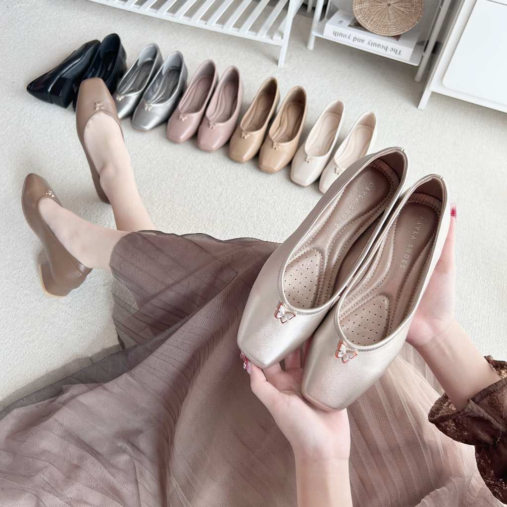 [พร้อมส่ง]รองเท้าคัชชูผู้หญิง สุขภาพ หนังนิ่ม ปลายตัด ส้น Block Heels สูง 1 นิ้ว หนังPU CayLaShoes(KS670974/กล่องส้ม)