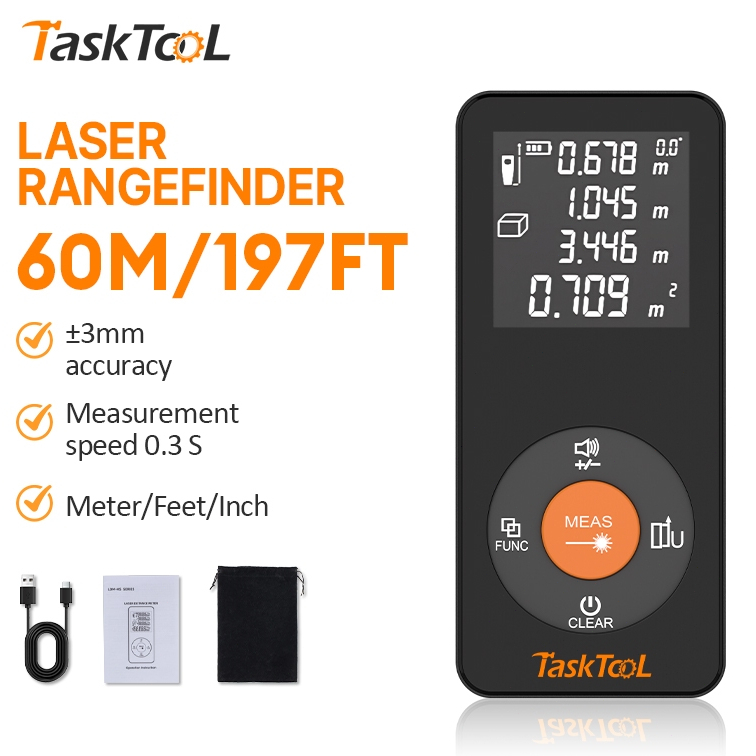 TASKTOOL เครื่องวัดระยะเลเซอร์ดิจิทัล หน้าจอ LCD 60 ม. ขนาดเล็ก ความแม่นยําสูง เลเซอร์วัดระยะทาง las