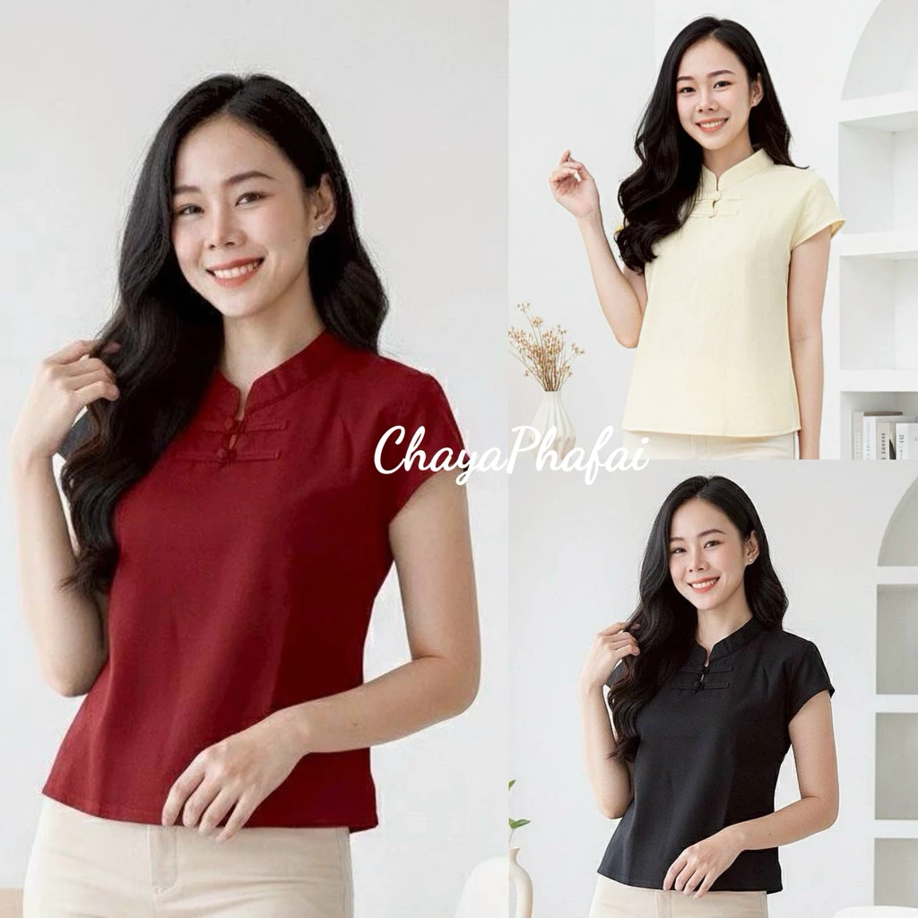 เสื้อผ้าฝ้ายคอจีนเจาะกระดุมขอด แขนเลยไหล่