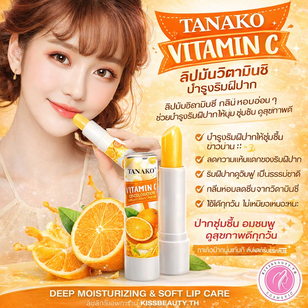TANAKO VITAMIN C ลิปมันช่วยบำรุงริมฝีปาก กลิ่นหอมอ่อนๆ ให้นุ่ม ชุ่มชื้น ไม่เหนียวเหนอะหนะ