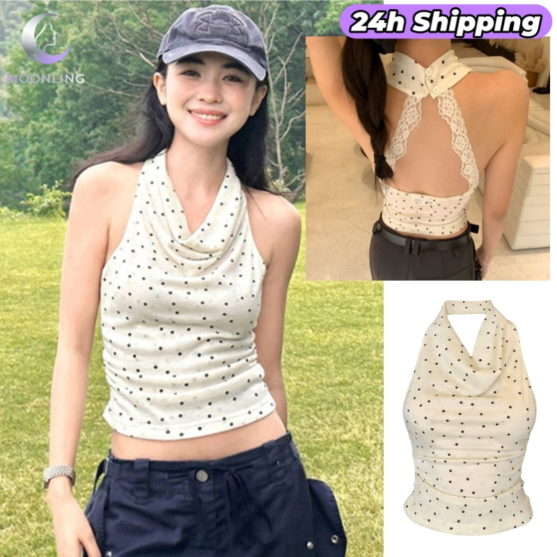 🌜Moonling🌛พร้อมส่งจากไทย เสื้อกล้าม ดีเทลลายจุด เว้าหลังสีครีม FY2862