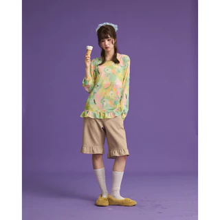 Aunchadabrand - Lele ruffle short กางเกงยีนส์ขา4 ส่วนระบายปลายขา*สินค้าพร้อมส่ง*