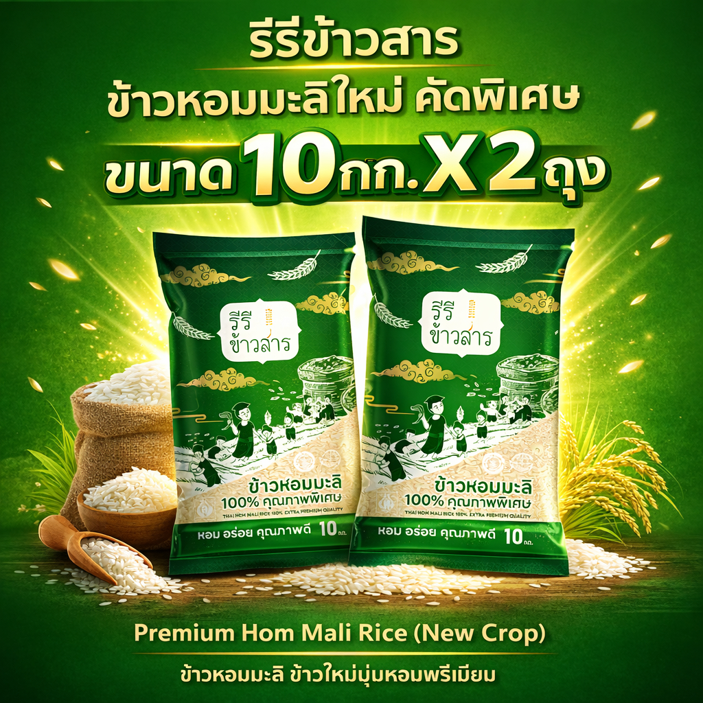 ข้าวหอมมะลิใหม่ ปี 69 ขนาด 10 กก. x2 รวม 20 กก. เกรดส่งออก หอมมะลิแท้ 100% แพ็คเกจใหม่ พร้อมส่ง
