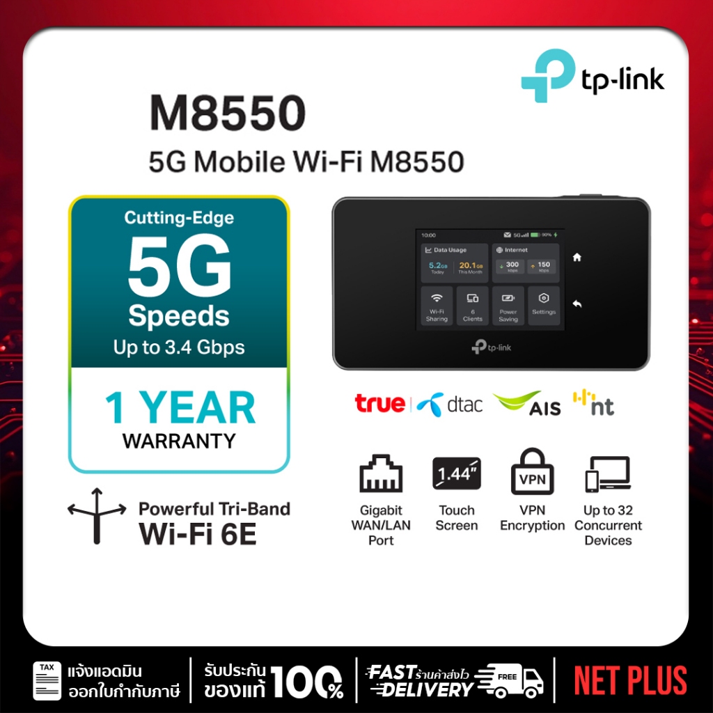 สำหรับผู้ที่ต้องการเน็ตความเร็วสูงระดับ 5G+ ด้วย TP-Link M8550 5G Mobile Wi-Fi  เราเตอร์พกพา 5G Wi-F
