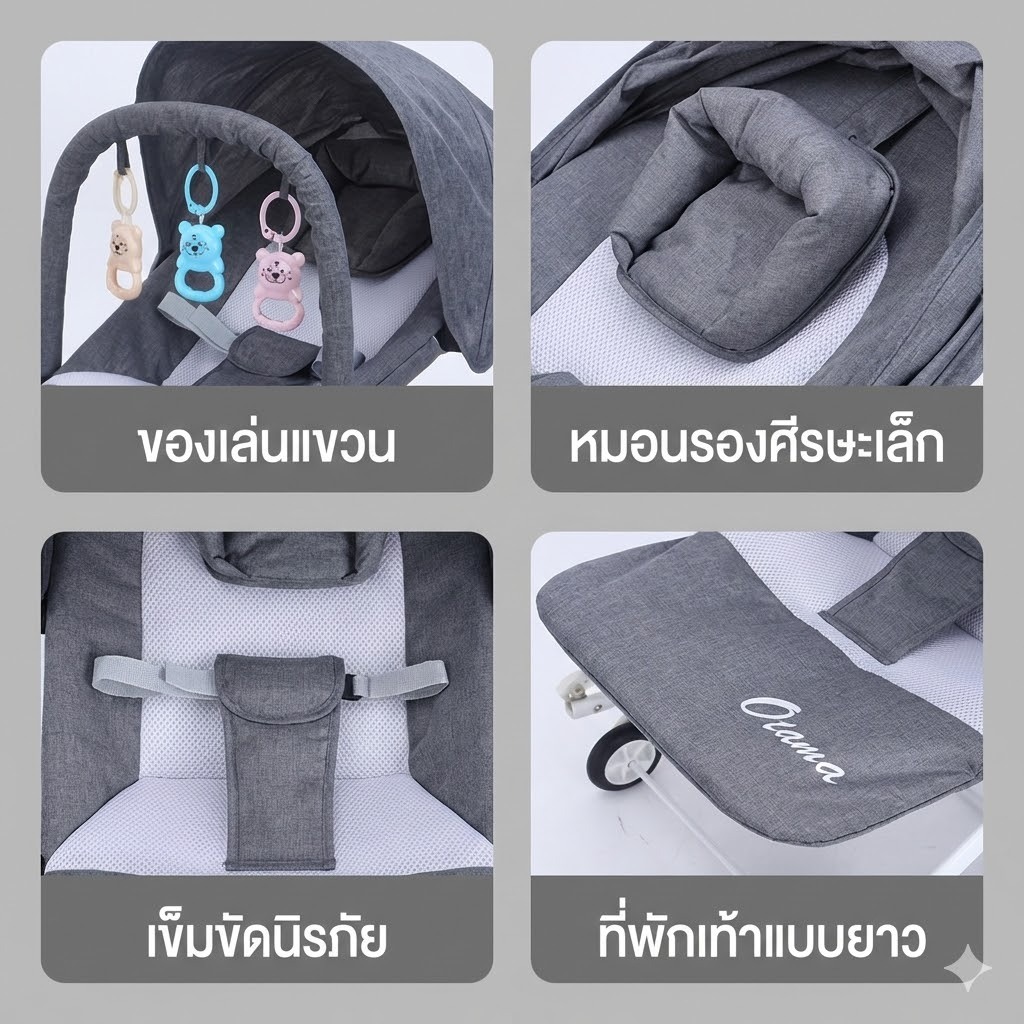 เปลโยกเด็ก เก้าอี้โยกเด็ก แรกเกิด Baby Bouncer ปรับได้3ระดับ มีล้อ ร่มเงา 0-36 เดือน พับได้ รูปที่ 6