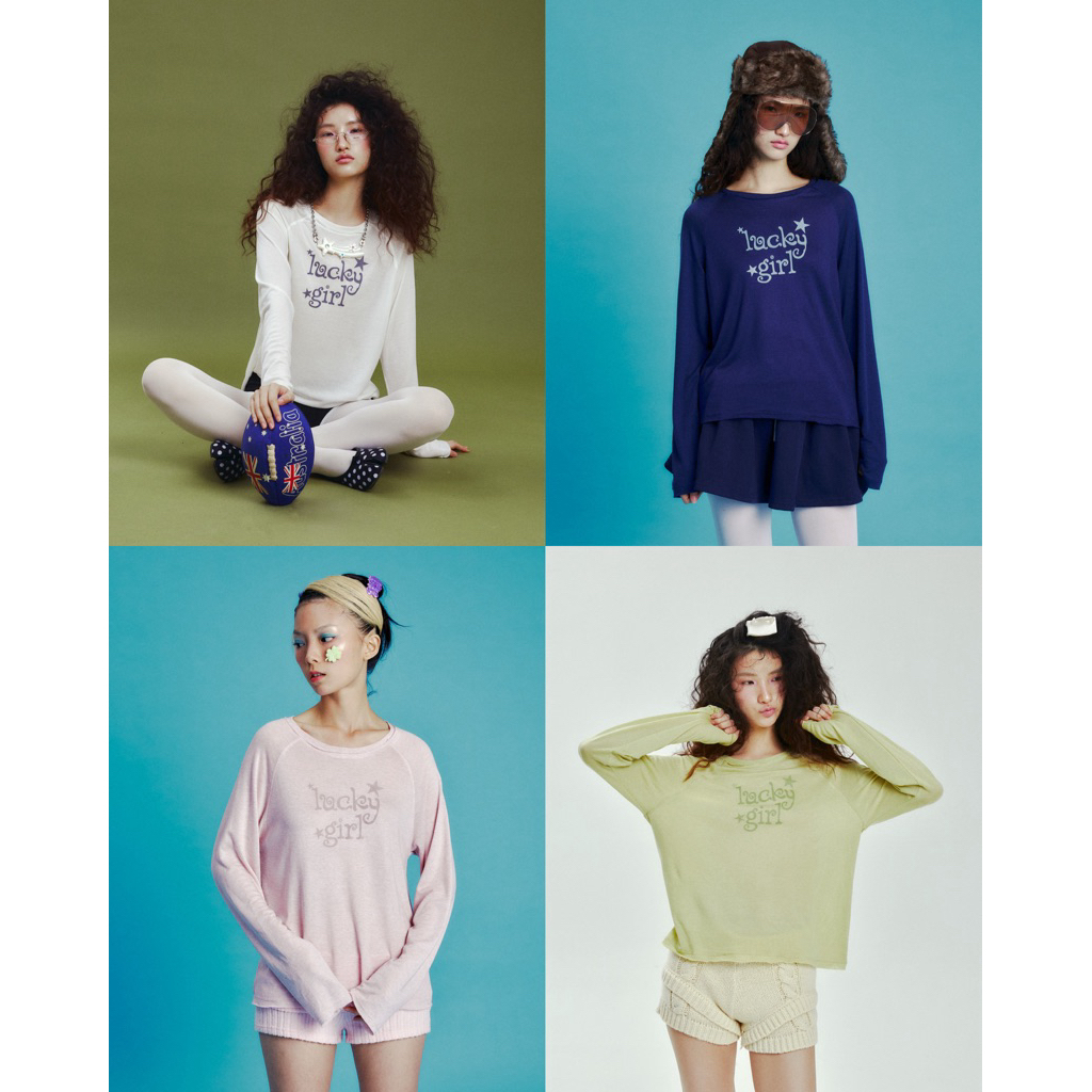 เสื้อยืดแขนยาวคอกลม Lucky girl long-sleeve top