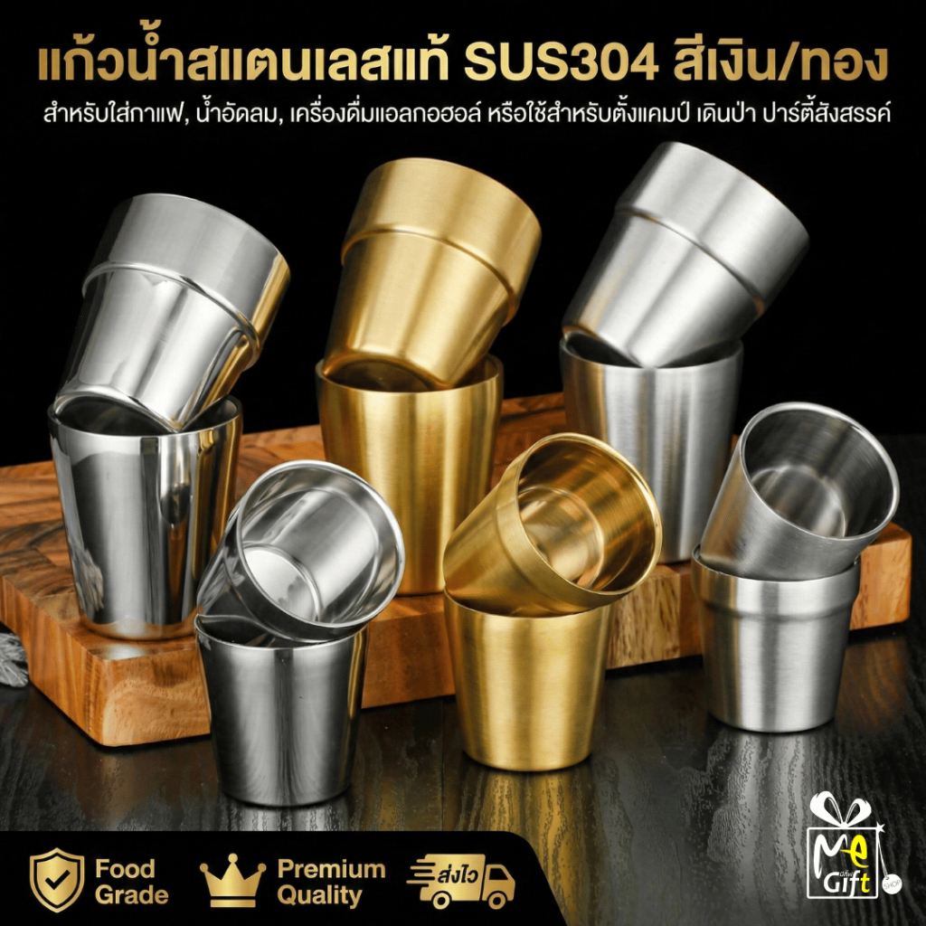 แก้วน้ำ แก้วน้ำสแตนเลส SUS304 สีเงิน-สีทอง ใส่ร้อน-เย็นได้ Food Grade ปลอดภัย ทนทาน ไม่ลอก ตกไม่แตก พร้อมส่งในไทย