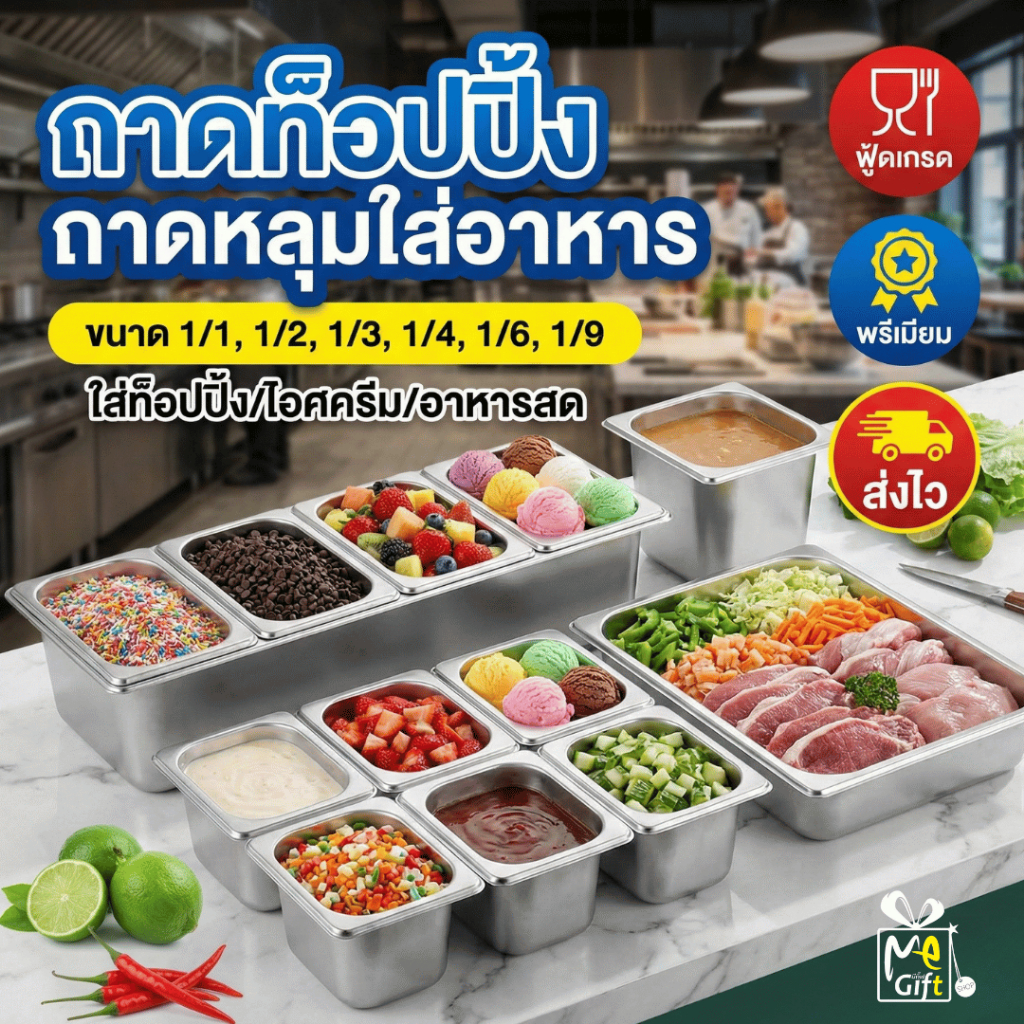 ถาดท็อปปิ้ง ถาดหลุมใส่อาหาร อ่างอาหารและฝา(ขายแยก) ถาดสแตนเลสลึก1/1,1/2,1/3,1/4,1/6,1/9 ใส่ท็อปปิ้ง/ไอศครีม/อาหารสด
