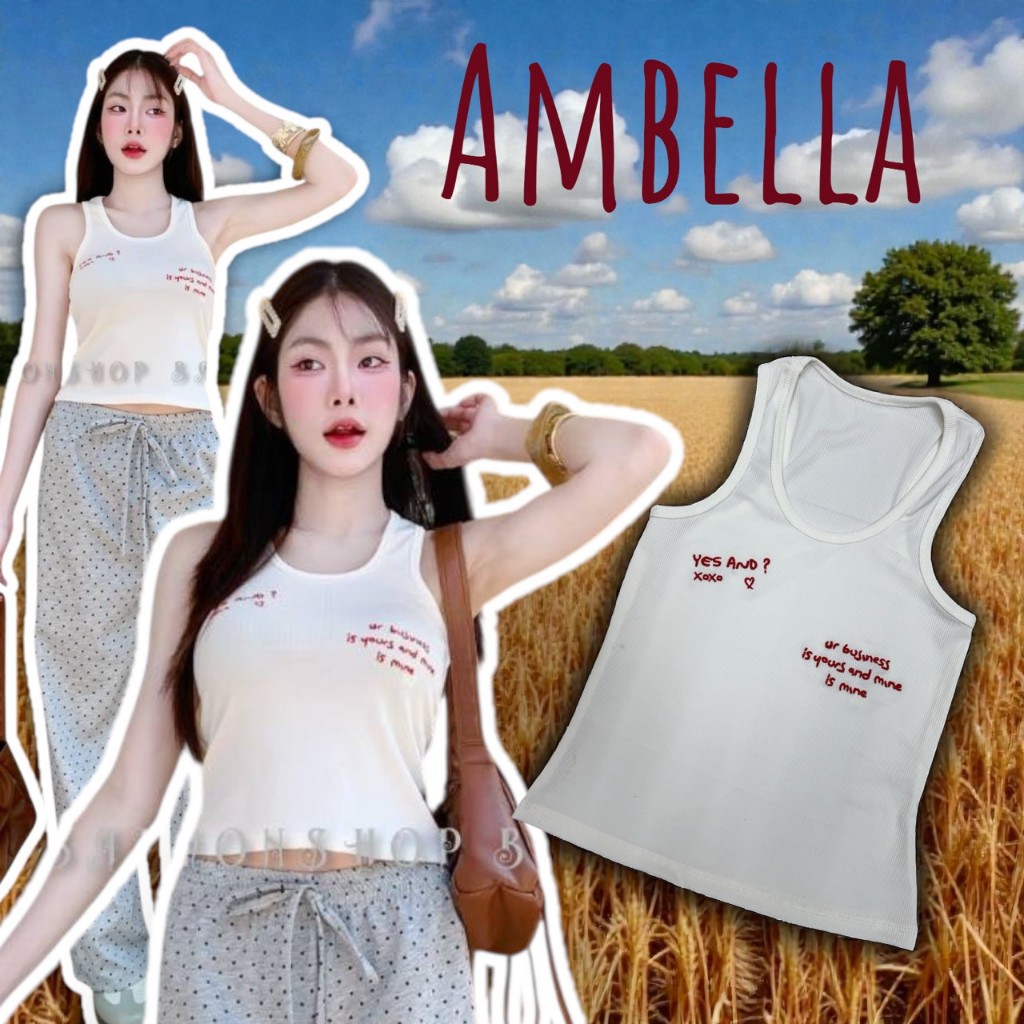 ambellaพร้อมส่ง เสื้อกล้ามงานปัก เสื้อกล้ามสีขาวปักตัวอักษรสีแดง