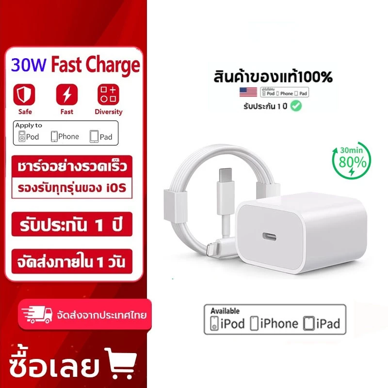 ชุดชาร์จเร็ว PD 30/20W + สายชาร์จ C-L รับประกัน 1 ปี