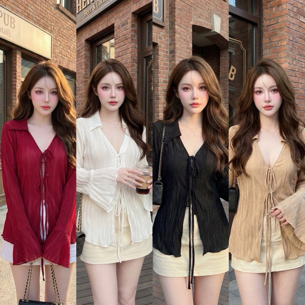 Teera❤️พร้อมส่ง✨LuLa  Lace top💖เสื้อแขนยาวกระดิ่ง ผูกอก ผ้าสวย ไฮโซมาก ป้าย sheeny