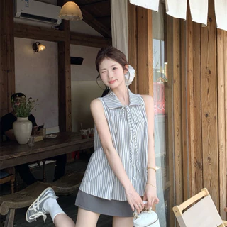เสื้อแขนกุดคอปก ผ้าลายทาง ผูกโบว์หน้า สไตล์หวานเกาหลี โทนฟ้า-เทา