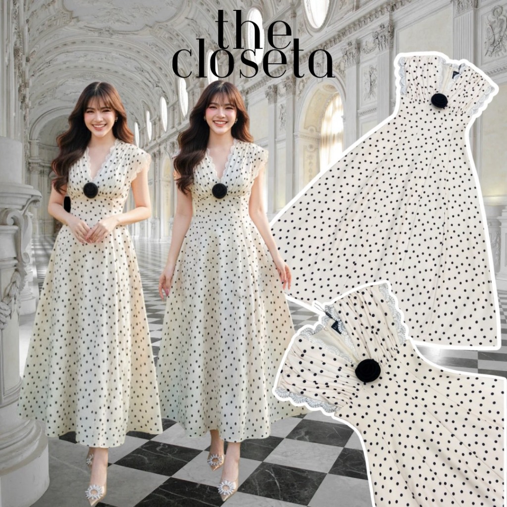 THE CLOSETA : LB611 เดรสโพกาดอทคอวีแขนล้ำสีครีม พร้อมเข็มกลัดดอกไม้สีดำเข้าชุด