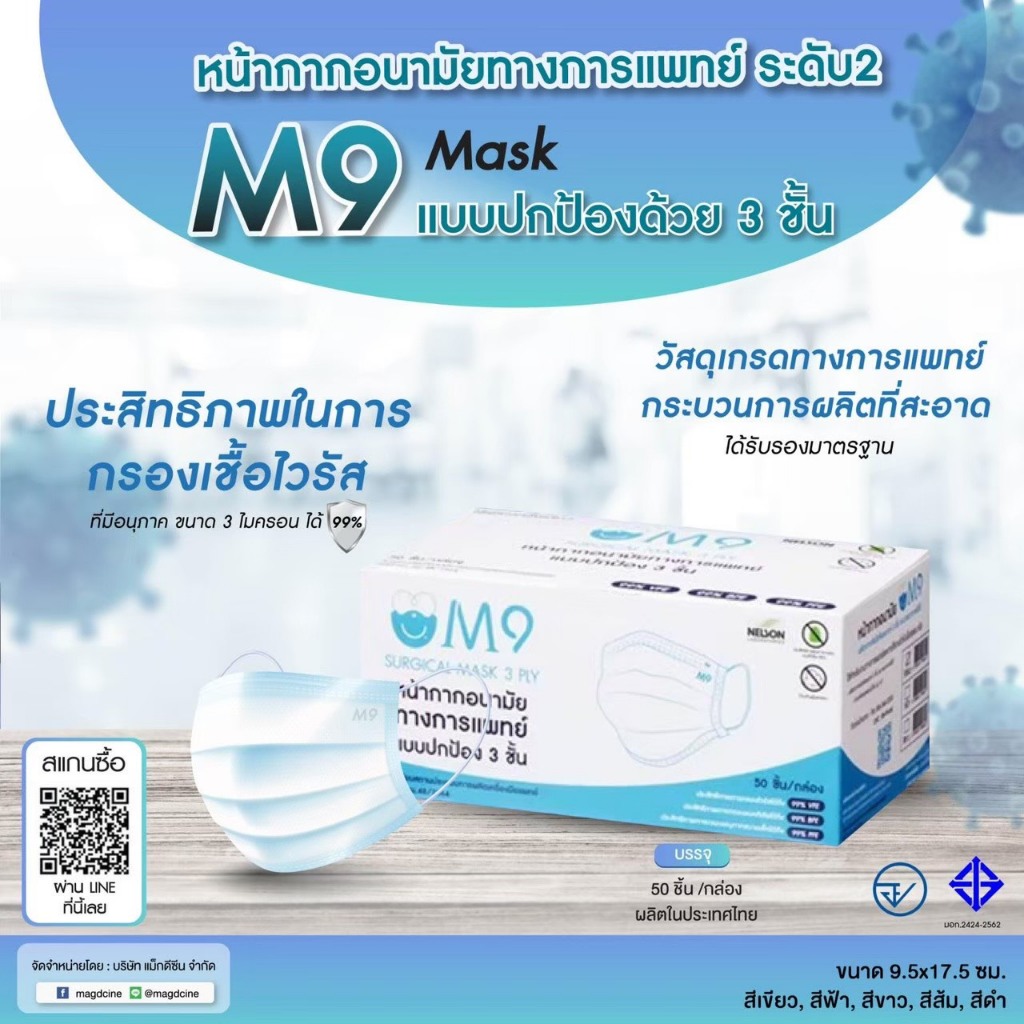 แมสทางการแพทย์ หน้ากากอนามัย M9 หนา 3 ชั้น ป้องกันฝุ่น PM2.5 ได้ถึง 99% สีขาว ฟ้า เขียว