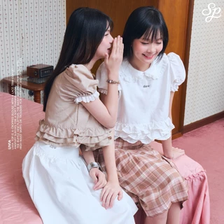 LIVIA_SP114 เสื้อครอปคอบัวใส่ได้ 2 ด้าน แต่งระบาย ผ้าพริ้วนุ่ม แมทช์ง่าย มี 2 สี น่ารักสุดๆ