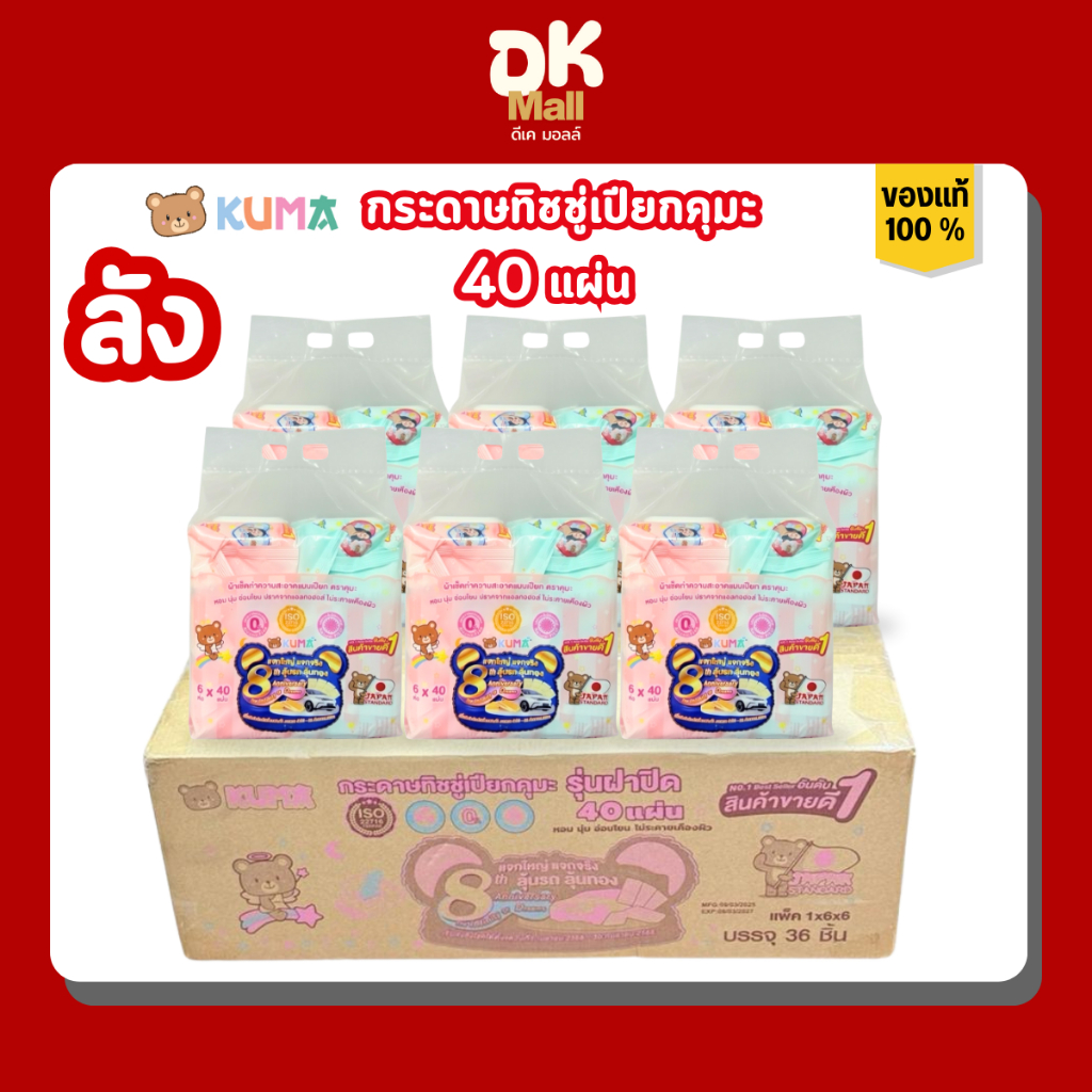 Kuma ผ้าเช็ดทำความสะอาดผิวแบบเปียก ทิชชู่เปียกคุมะ จำนวน 40 แผ่น 2สีในแพ็ค ฟ้า/ชมพู ยกลัง