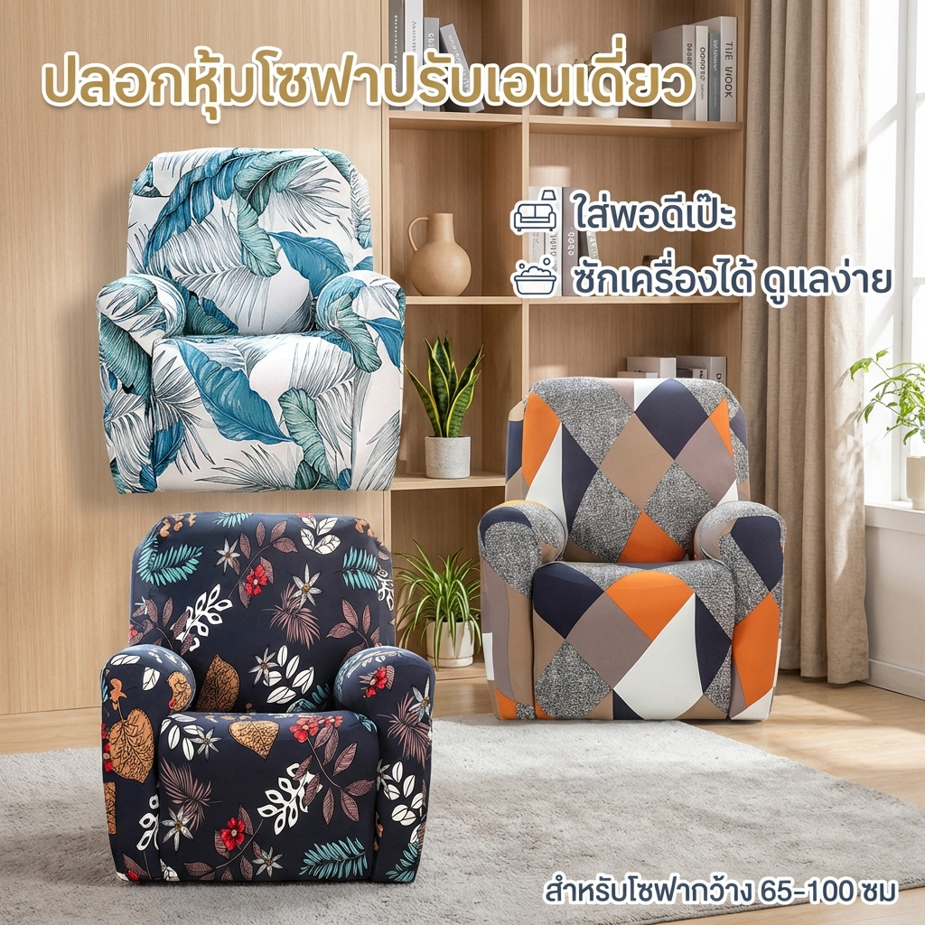 ชุด 4 ชิ้น ปลอกหุ้มโซฟาปรับเอนเดี่ยว ผ้ายืดสูง นุ่ม กระชับ พิมพ์ลาย Recliner Sofa Cover