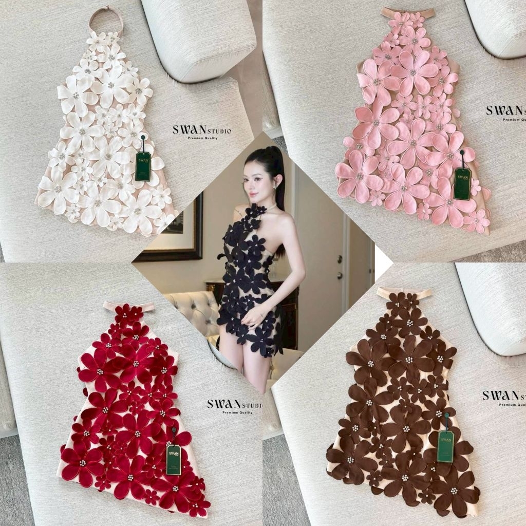 Swan เดรสสั้นดีไซน์สุดโดดเด่นด้วยลายดอกไม้สามมิติทั้งตัว แต่งดอกไม้นูนขนาดเล็ก-ใหญ่ไล่ระดับ