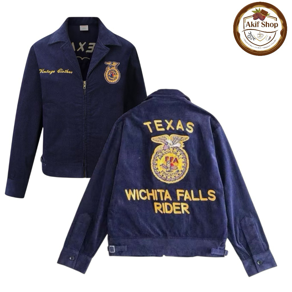 (พร้อมส่งจากไทย🇹🇭) Jacket แจ็คเก็ต FFA  Texas เสื้อเเจ็กเก็ต ปักลายทอง สีนำเงินเข้ม ผ้าลูกฟูกแท้ เนื