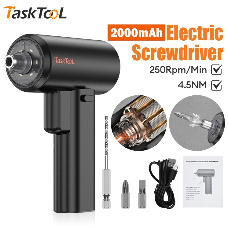 TASKTOOL ไขควง ไขควงไฟฟ้า ไขขวงไฟฟ้าไร้สาย แบตเตอรี่ความจุสูง 2,000 mAh หัวแม่เหล็ก มีไฟ LED