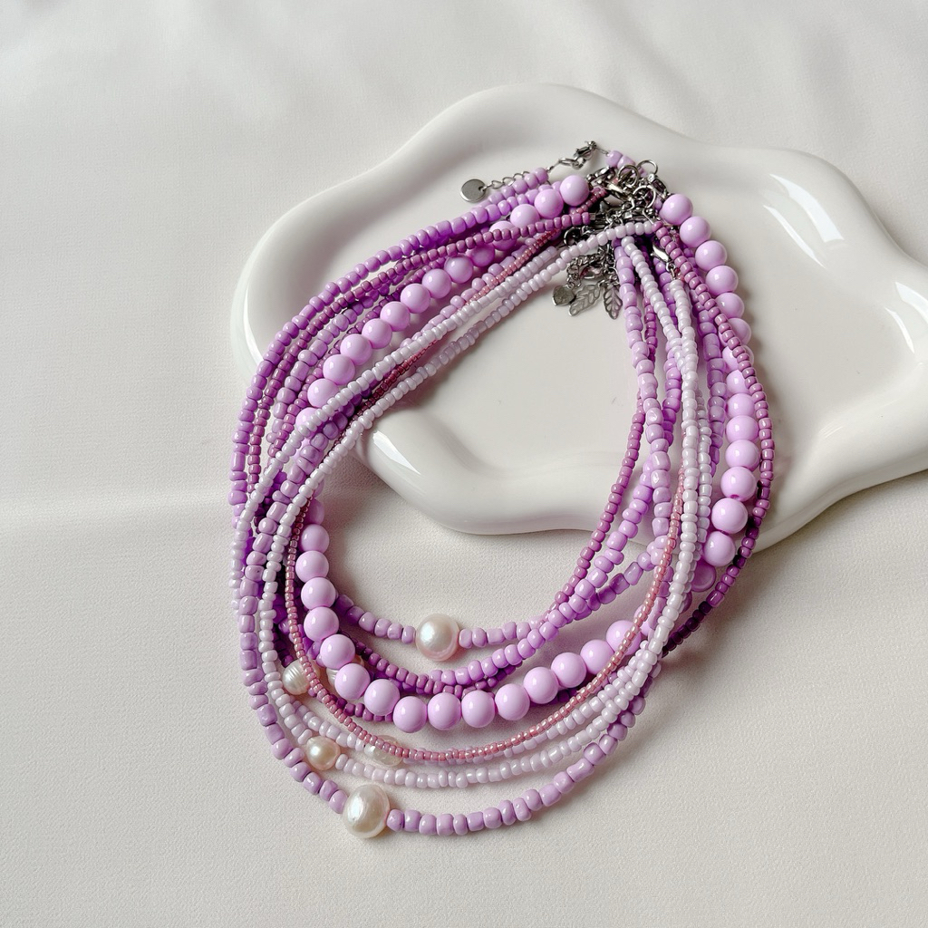 Purple Pastel สร้อยคอลูกปัดสีม่วง ลูกปัดญี่ปุ่น ไข่มุกแท้ มุกบาร็อค Violet Bead Tinypearlxoxo N1014