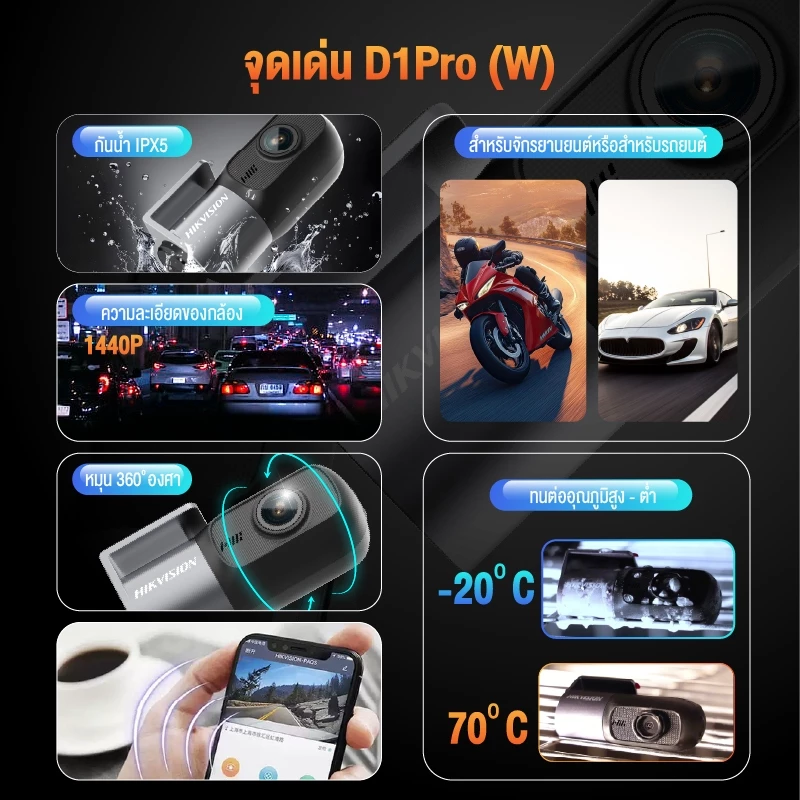 [ใหม่] HIKVISION D1PROWP / D1WP กล้องติดรถยนต์และจักรยานยนต์ กันน้ำระดับ IPX5 1440P มี Wi-Fi ในตัว หมุนได้ 360° thumbnail 10