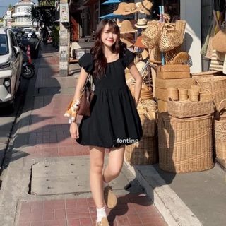 FONTLINE เดรสแขนตุ๊กตา ชายกระโปรงบอลลูน ผ้าสาลู2ชั้น ใส่สบายผ้านิ่ม มีซับด้านใน cotton salou เดรสน่ารัก (V77)