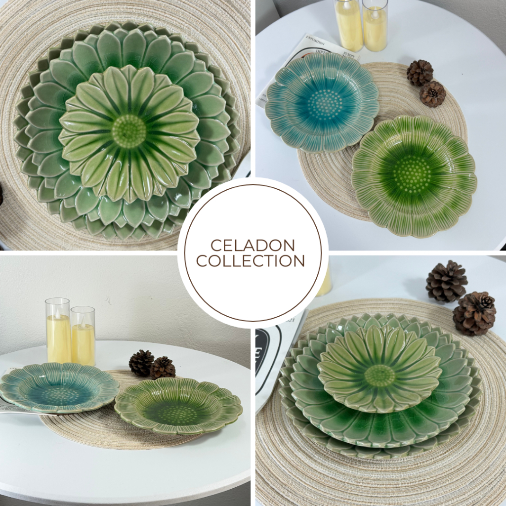 Celadon collection จาน ศิลาดล ลายดอกทานตะวัน สีฟ้า และสีเขียว